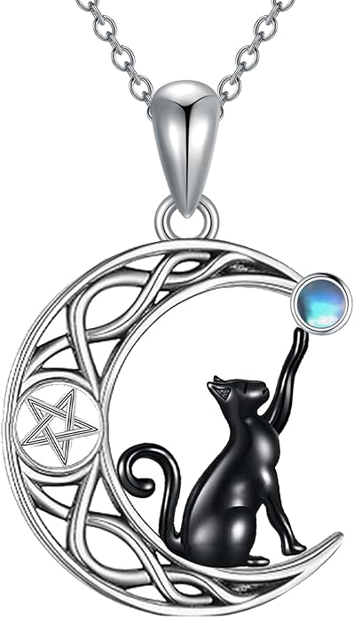 Black Cat/Dragon/Fox/Wolf Necklace 925 Sterling Silver Celtic Moon Pentagram Pendant Gothic Jewelry Goth Halloween Gifts for Women