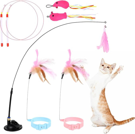 5Pcs Cat Feather Toy, Adjustable Cat Collar Neck Collar Toy Cat Teasing Wand with Silicone Collar, Funny Cat Stick, Interactive Self Playing Toys Bell for Indoor Cat Playing Small Animals(5 Style)