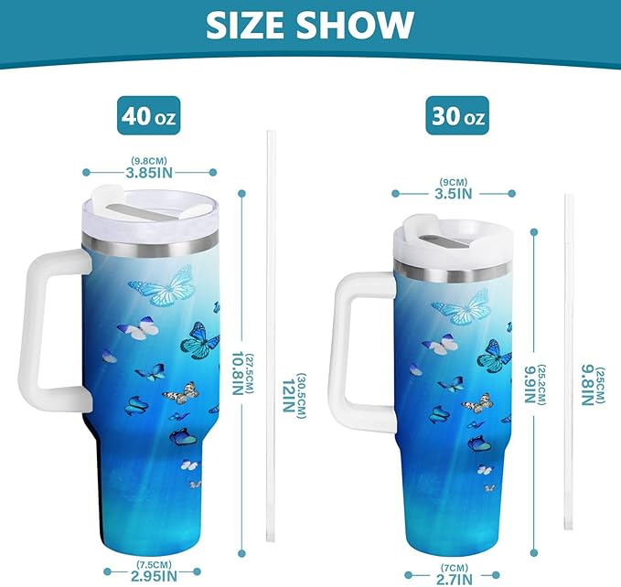 Boccsty Butterflies Blue Animal Insulated Tumblers Reusable Stainless Steel Tumbler 30 oz Cup Coffee Travel Mug Water Bottle with Handle & Flip Straw for Home Office Car