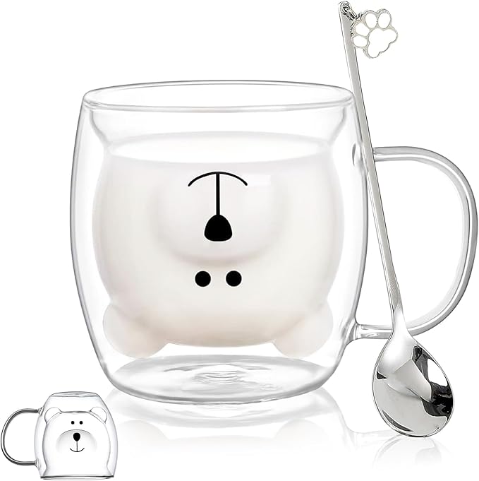 Bear Cute Mugs Kawaii Double Wall Glass Coffee Tea Mill Yogurt Cup Funny Novelty Gift for Women Her Friends Office Birthday Christmas (Bear with handle)