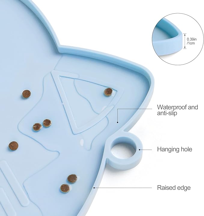 Coomazy Cat Food Mat, Thicker Dog Feeding Mat for Food and Water, Waterproof Non-Slip Silicone Mat for Floor, Dog Food Mat with Raised Edge to Prevent Food Spills and Water Runoff (Blue, Medium)