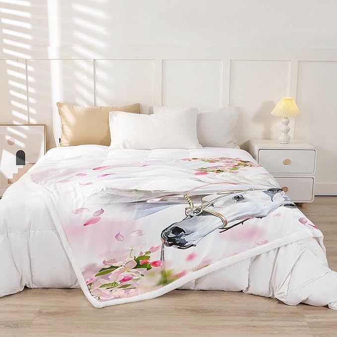 Feelyou White Horse Throw Blanket Girls Pink Floral Farmhorse Fleece Blanket Kids Adults Wild Animal Design Sherpa Blanket for Bed Sofa Chair Bedroom Decor Wildlife Plush BlanketBaby 30"x40"