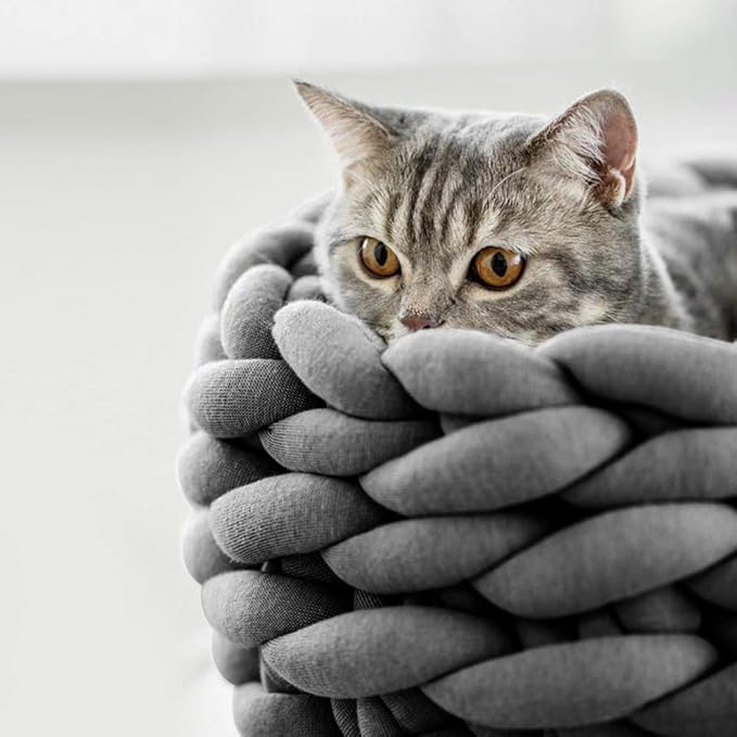 Lucky Monet Cat Basket Bed Cotton Knitted Round Pet Beds for Cats Cute Boho Cat Pet Bed Warm Woven Cat Nest for Puppy Kitten Cats Dogs (19.7", Dark Gray)