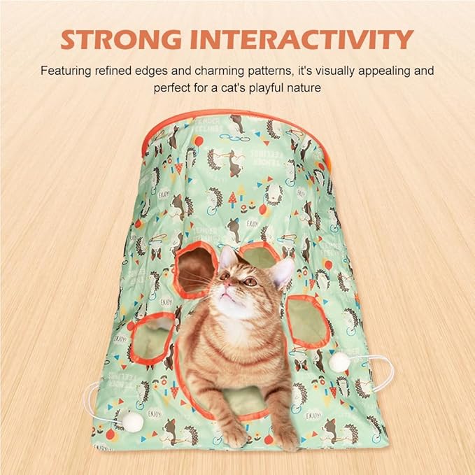 SYCOOVEN Cat Tunnel Bag for Indoor Cats, Pet Collapsible Tunnel Crinkle Sack Bag with 1 Little Mouse & Toy Ball, Crinkle Paper Interactive Cat Toys Hide and Seek(Green Pattern)