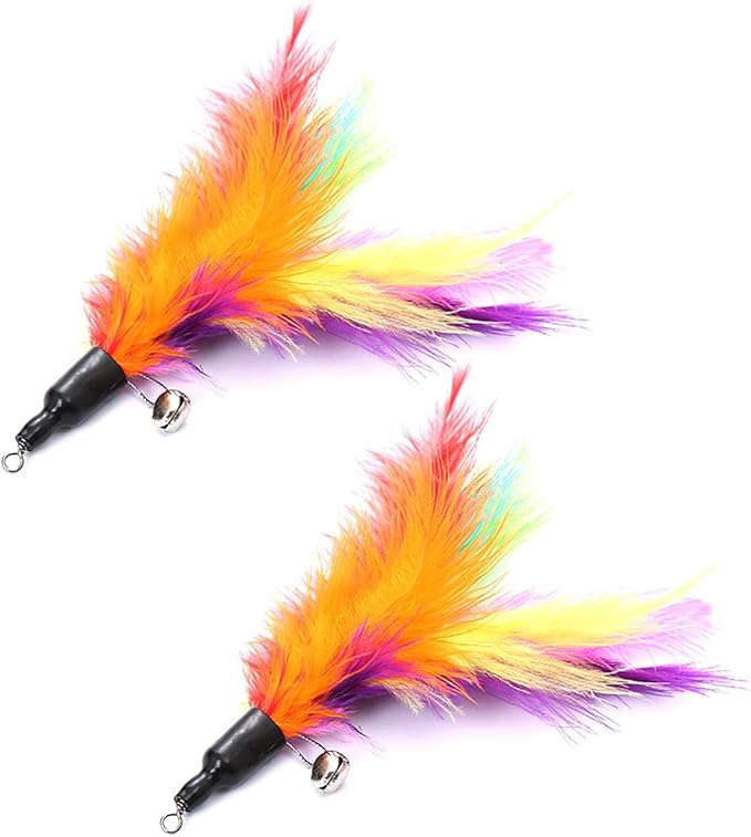 2 Pcs Cat Toys Interactive Refill Replacement Feather Pack Furry Tail Butterfly Dragonfly Fish Mouse Caterpillar Worm Birds Feathers for Kitten Cats, 21 Variety Styles Rainbow Feather CT15B