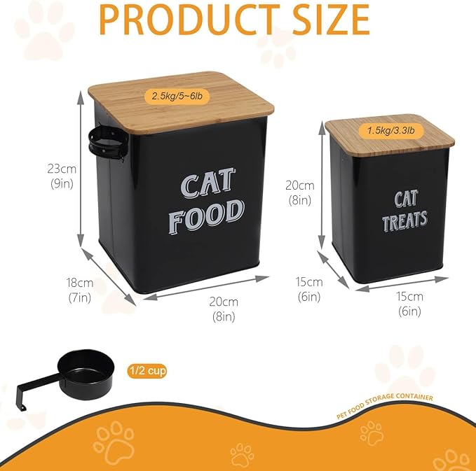 Cat Food and Treats Containers Set with Scoop for Cats or Dogs -Tight Fitting Wood Lids - Coated Carbon Steel - Storage Canister Tins-Cat-Black
