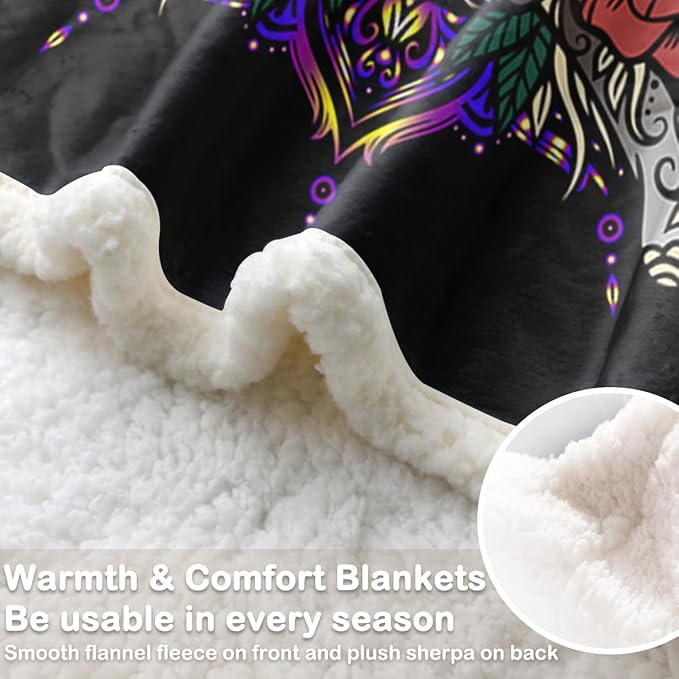 Sleepwish Lotus Skull Fleece Throw Blanket for Kids Girls Boys Soft Plush Purple Mandala Skull Sherpa Blanket for Couch Chair Bed, Queen (90" X 90")