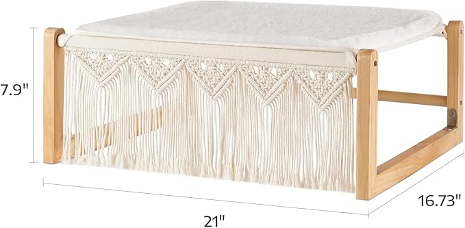 Dahey Boho Cat Bed with Blanket Wooden Cat Hammock Bed for Indoor, Macrame Elevated Pet Beds Breathable Cat Couch Furniture Pet Resting Hammock Cat Chair Gift for Cats and Small Dogs