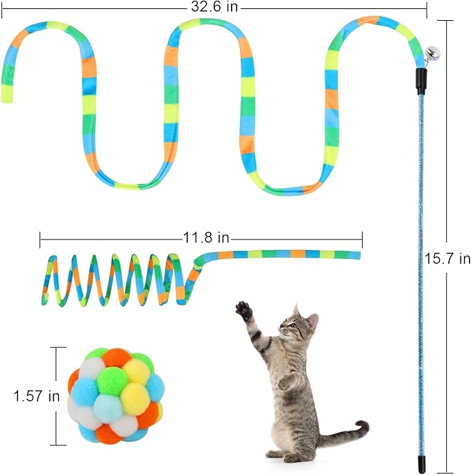 TUSATIY Cat Toys 3Pack, Cat Wand Toy Cat Fuzzy Balls with Bells &Cat Springs, Rainbow Color Interactive Cat Toys for Indoor Cats Kittens (Rainbow-Green)
