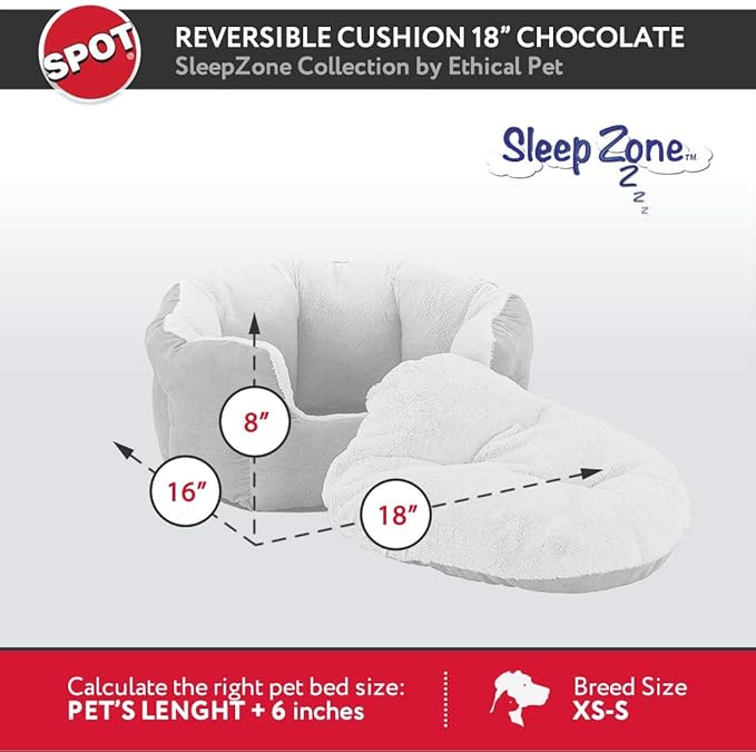 SPOT Sleep Zone Small Pet Bed - High Wall, Reversible Cushion Bed for Indoor Cats & Small Dogs, Durable Faux Suede, Machine Washable for Pets Under 10lbs and 15 inches Long - 18x16in, Chocolate Brown