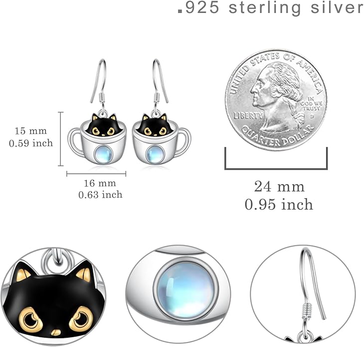 Black Cat Earrings 925 Sterling Silver Mushroom Cat/Black Cat/Panda/Sloth/Capybara/Boston Terrier/Shih Tzu Dangle Earrings Cute Animal Drop Earrings Jewelry Gifts for Women