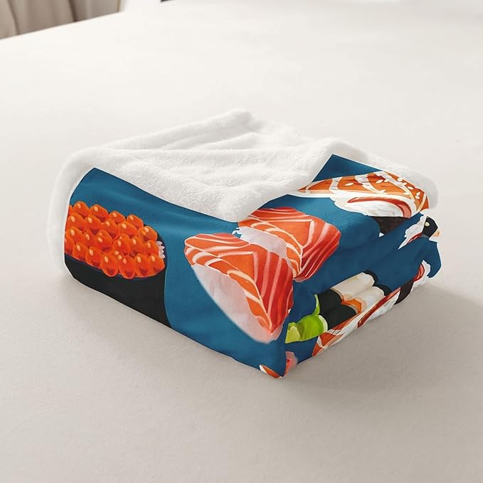 Sushi Pattern Plush Blanket Japanese Style Fleece Throw Blanket for Sofa Couch Bed Food Theme Sherpa Blanket Room Decor Cute Cartoon Japanese Sushi Fuzzy Blanket Twin 60x80 Inch