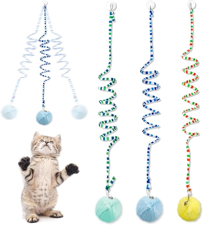 Audoloku 3 Pcs Cat Spring Toys with Self Adhesive Suction Cup Door Ceiling Hanging Cat Toy Interactive Kitten Coil Toys for Indoor Cat Ball Toys with Bell, Foldable Plush Rope Tail Cat Teaser Toy