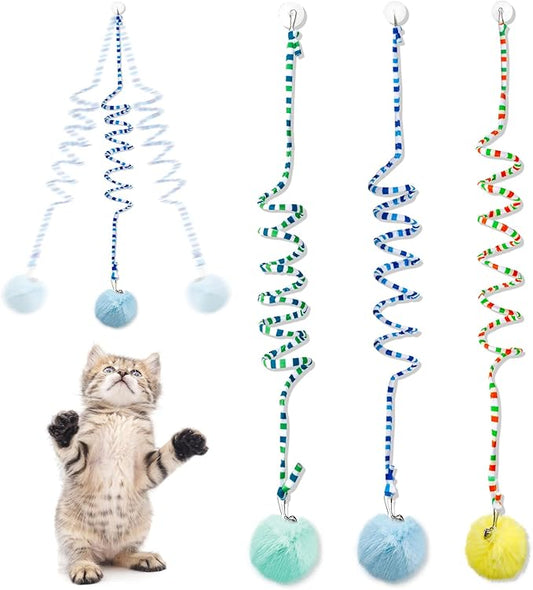 Audoloku 3 Pcs Cat Spring Toys with Self Adhesive Suction Cup Door Ceiling Hanging Cat Toy Interactive Kitten Coil Toys for Indoor Cat Ball Toys with Bell, Foldable Plush Rope Tail Cat Teaser Toy