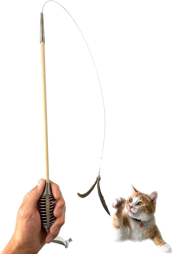 CurioSpring Super Elastic Wire Cat Toy, Effective Spring Grip, White Color Real Wood with 3 Attachments, Durable Cat Teaser Wand, Made in Japan
