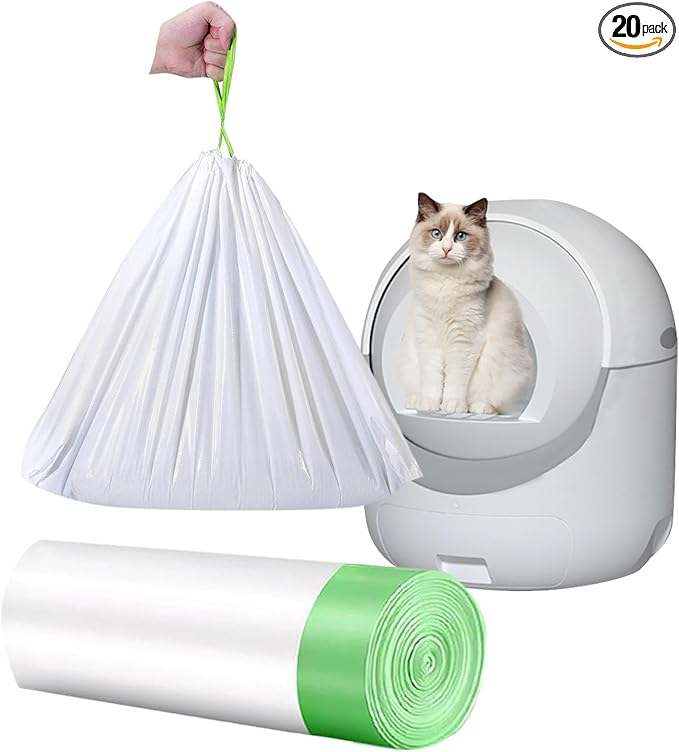 20 Count Cat Drawstring Litter Box Liners 26.6x16.7 inches 2Mils Super Thick White Cat Litter Waste Bags Poop Bags for Self-Cleaning Litter Box Cat Litter Pan Trays (Green Drawstring 20 count)