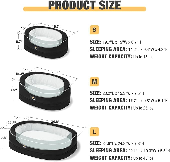 Veehoo Orthopedic Cat Bed for Indoor Cats, Oval Washable Cat Bed with Egg Crate Foam Support, Indoor Donut Puppy Cat Bed Bolster Dog Bed with Removable Cover & Non-Slip Bottom, Black