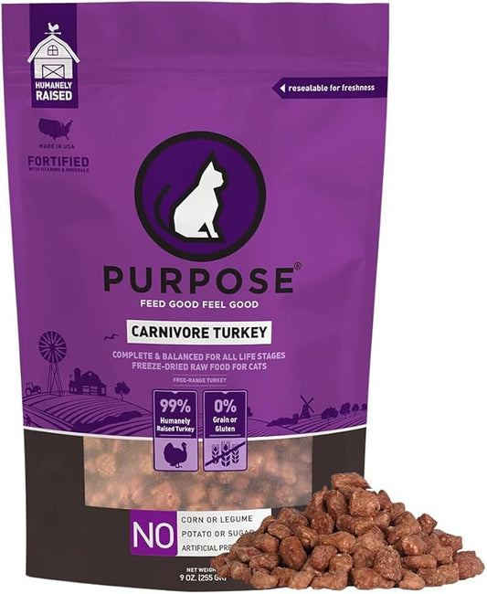 PURPOSE Freeze Dried Raw Cat Food, Grain Free Dry Cat Food, Complete Balanced Meal or Topper, Protein Rich Cat Food for All Breeds and Life Stages, Pure Turkey Recipe Mini Nibs Entrée, 9 oz, USA Made