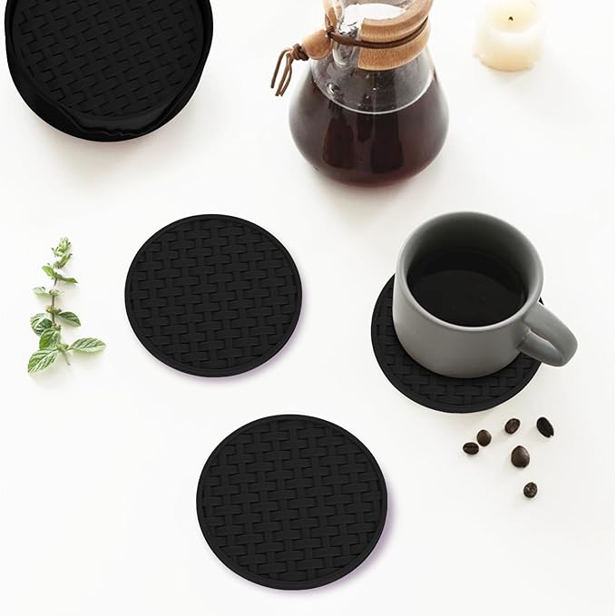 Black Silicone Drink Coaster Set of 6 with Holder, 4 Inches Decorative Coasters, Heat Resistant & Waterproof for Home, Kitchen Non-Slip Cup Mat for Bar, Coffee, Beer