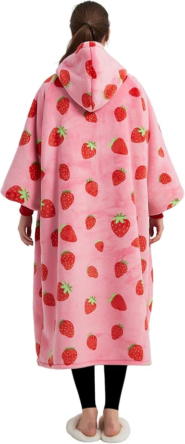 KFUBUO Wearable Blanket Hoodie for Adult Long Sherpa Strawberry Patterns Oversized Sweatshirt Blanket with Pockets Birthday Gifts for Women