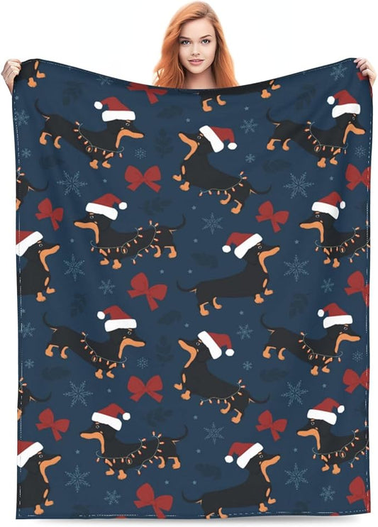 Christmas Dachshund Throw Blanket Soft Cozy Plush Warm Fleece Blanket for Sofa Couch Bed 80"X60"
