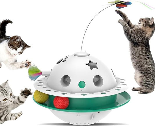 Interactive Cat Toys for Indoor Cats 4 in 1, Flying Butterfly, Shooting Feather, Catnip Balls, Automatic Kitten Toy, Dual Power Supplies & Stylish Design (Green)