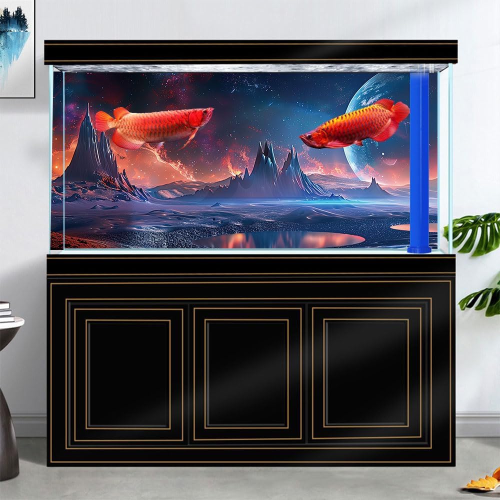 Scarlet Cosmic Aquarium Background,Cool Galaxy Parallel Space Themed Fish Tank Background, Tropical Desert Terrarium Background 72X24IN with 8 EVA Double-Sided Tape