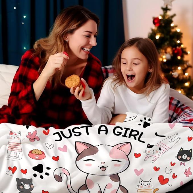 Cat Mom Blanket Just A Girl Who Loves Cat Throw Blanket Gifts for Cat Lovers Soft Flannel Animals Pet Pattern Gift for Kids Adults 80"X60"