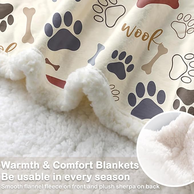 Sleepwish Dog Paws and Bones Print Fleece Throw Blanket for Kids Soft Plush Light Yellow Sherpa Blanket for Couch Chair, Baby (30"x 40")