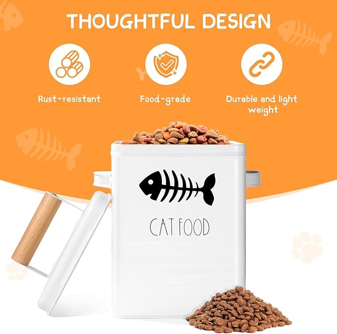 Cat Food Storage Container, Cat Food Container with Metal Lids, Metal Cat Treat Container with Dry Food Scoop, Pet Food Container for Kitchen Counter, Airtight Cat Food Storage Container
