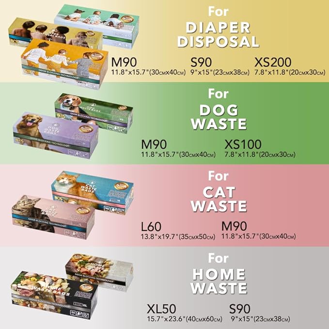 BOS Amazing Odor Sealing Cat Waste Disposal Bags - Durable and Unscented [Size: M, Color: Light blue] (90 count, Pack of 2) (180bags)★Brand-new packaging design!! NOT a litter box liner