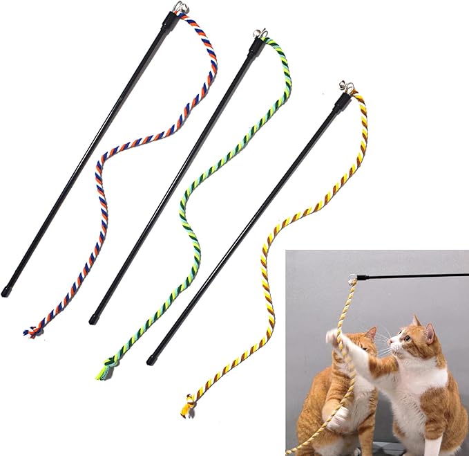 IUHKBH Cat Wands, 3 PCS Colorful Rope Cat Toys Interactive Cat Teaser Wands with Bell for All Breed Sizes