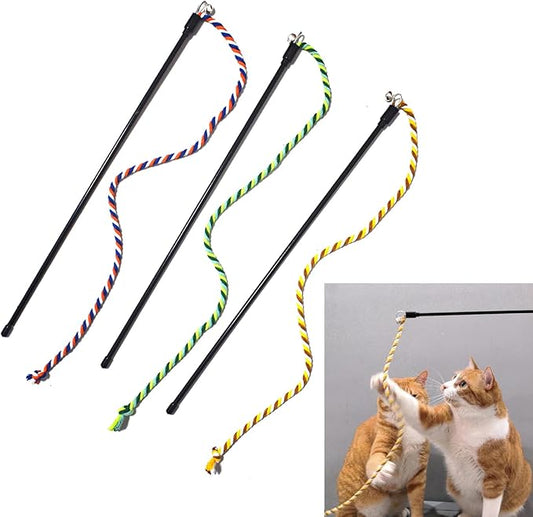 IUHKBH Cat Wands, 3 PCS Colorful Rope Cat Toys Interactive Cat Teaser Wands with Bell for All Breed Sizes