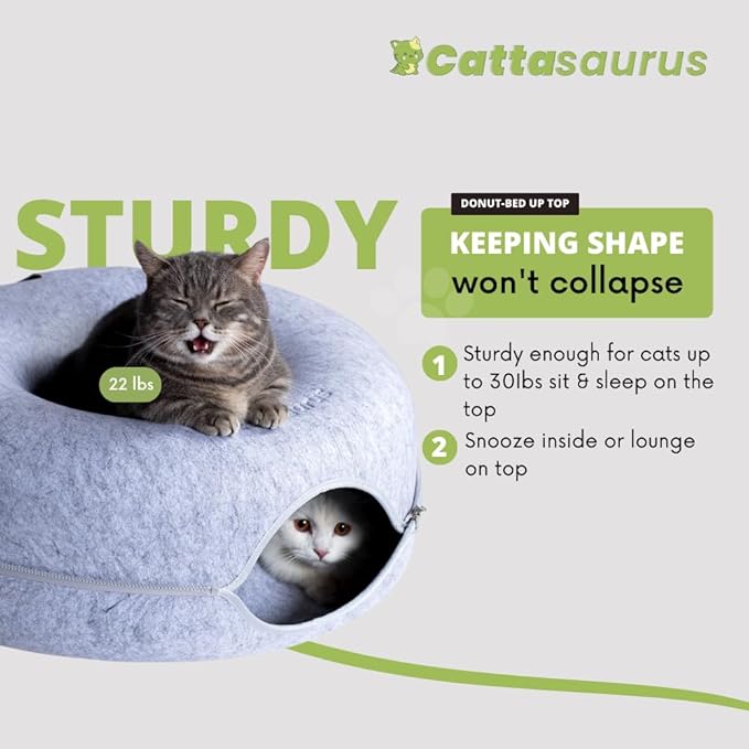 CATTASAURUS Peekaboo Cat Cave for Multiple & Large Cats Up to 30-45 Lbs, Scratch Detachable & Washable Tunnel Bed, Comfy Donut Cat Cave (Ligt Gray + Light Gray, Large (Bundle))