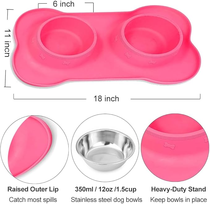 AsFrost Dog Food Bowls Stainless Steel Pet Bowls & Dog Water Bowls & Cat Bowls for Food and Water No-Spill Non-Skid Silicone Mat, Feeding Bowls with Dog Bowl Mat for Dogs Cat Dood Dish, Pink, 12oz