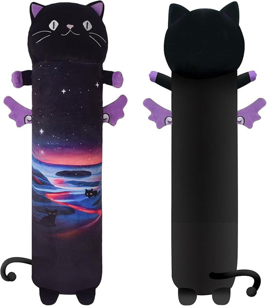 Long Cat Plush Pillow, 27.6in Cute Purple Cat Plushie Stuffed Animals Body Pillow with Wing, Kawaii Kitten Soft Plushie Doll Toy Birthday Gift for Kids Girlfriend