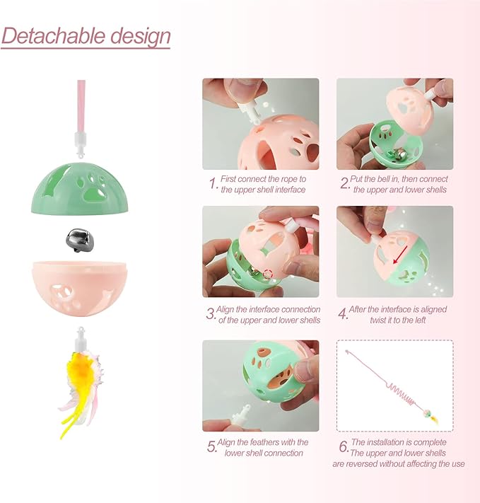 WishLotus Interactive Cat Toys, 2 Pack Soft Plush Cat Toys for Indoor Cats Self-Hanging Door Cat Plush Toys with Bells Long Tail Elastic Indoor Cat Toys for Cat Chase Play and Kill Time (Pink+Blue)