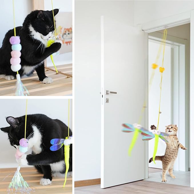 Feather Teaser Toys, Butterfly Worm Interactive Hanging String Cat Toy, Door Hanging Cat Pet Toy for Indoor Cats Kitty Play Chase Exercise - Feather / Dragonfly / Tassels worm 3 Pcs set (Feather Worm)