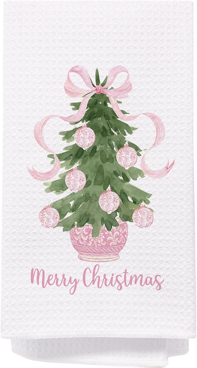 SPBL&L Merry Chinoiserie Christmas Kitchen Towels, Pink Bow Tree Decorative Hand Towels for Bathroom, Dish Towels, Kitchen Bathroom Decor, 16x24 Inch