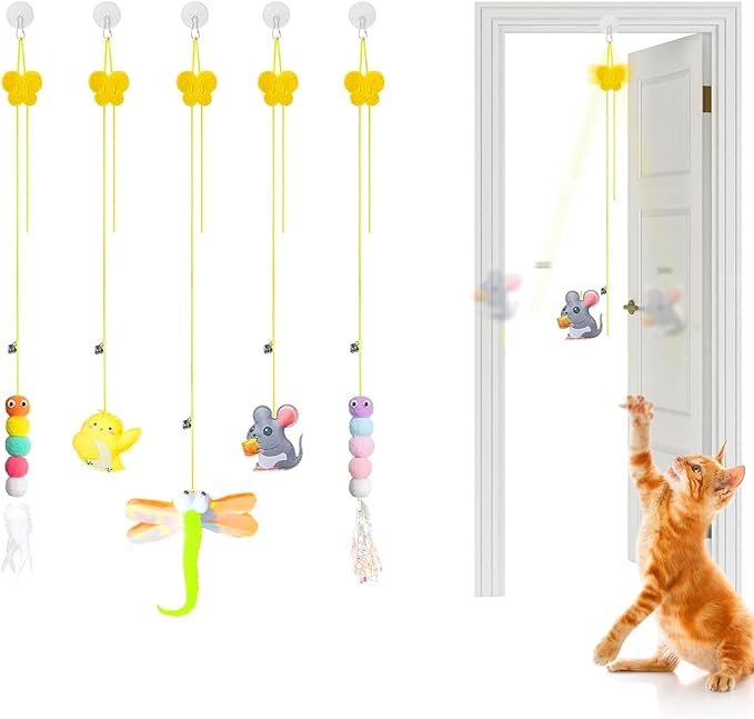 Kalimdor Interactive Cat Feather Toys 5pack,Retractable Teaser Toy,Hanging Interactive Toys for Indoor Cats Kitten Play Chase Exercise, Kitten Mental Exercise Toys