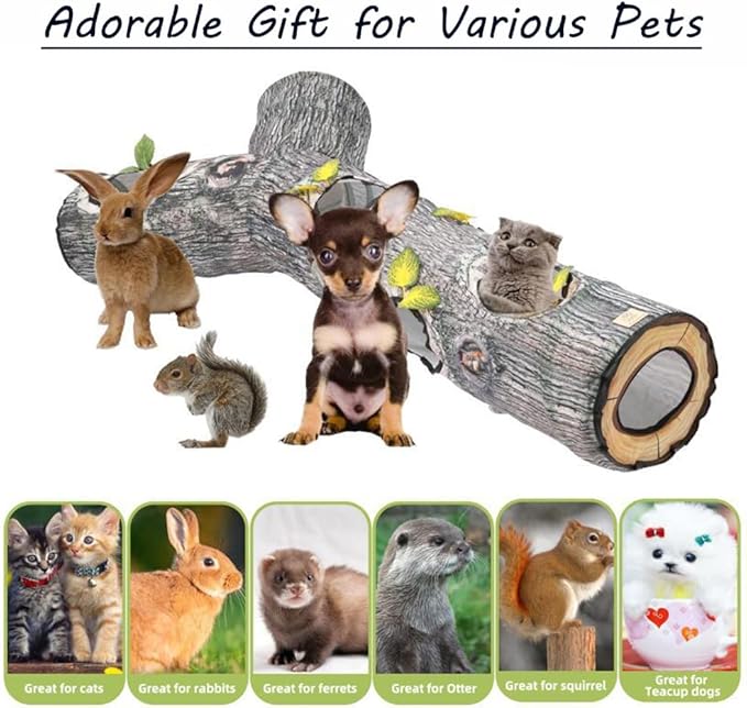 Cat Tunnels Collapsible Pet Tube - Interactive Tree Trunk Cat Activity Play Tunnels with Peek Holes Plush Bell Toys, Pets Puzzle Hunt Chase Training Center for Kitten, Ferret, Small Animals