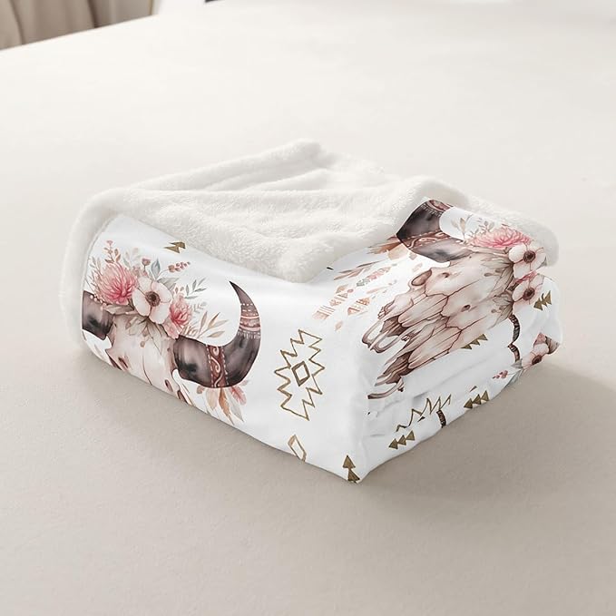 Feelyou Bull Skull Throw Blanket Floral Flowers Print Blanket Boho Arrow Fleece Sherpa Blanket for Bed Couch Chair Livingroom Decor Tribal Exotic Fuzzy Blanket Comfort Throw 50"x60"
