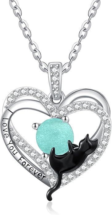 Birthstone Cat Necklaces,925 Sterling Silver Cat Necklace Heart Pendant for Women,Dainty Animal Jewelry for Her,Wedding Anniversary Birthday Gifts for Women Mom Grandma