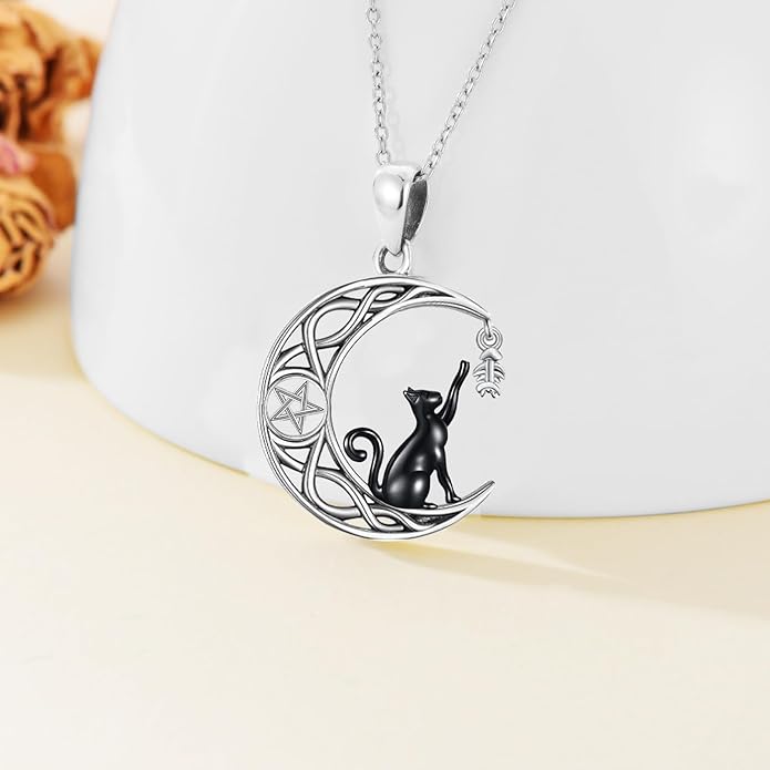 Black Cat/Dragon/Fox/Wolf Necklace 925 Sterling Silver Celtic Moon Pentagram Pendant Gothic Jewelry Goth Halloween Gifts for Women