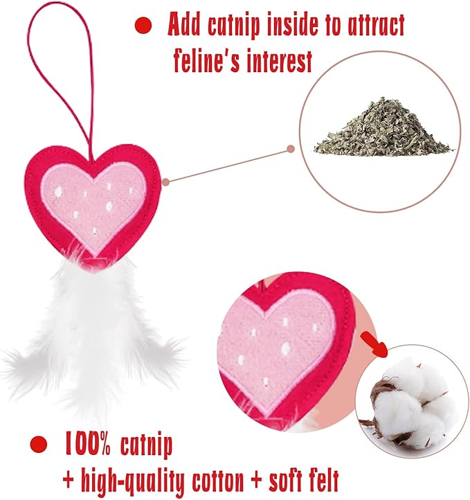 Valentine's Day Cat Toys, 5 Pack Catnip Toys with Feather and Bells, Hanging Cats Teaser Toys, Valentines Day Gifts for Indoor Cats & Kitten & Kitty