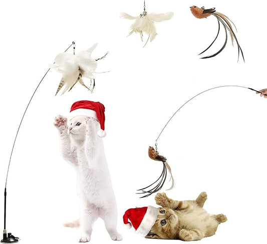 Cat Toys Interactive Cat Feather Wand , Powerful Suction Cup, 2Pcs Natural Feathers and1 Cat Wand Toy , for Indoor Kitty Old Cat Exercise(2 pcs)
