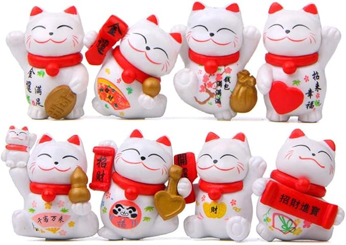 8 Pcs Cute Lucky Cat Figures, Animal Cat Characters Toys Mini Figure Collection Playset, Cat Toys Set Cake Toppers, Plant, Automobile Decoration, Landscape Scenes