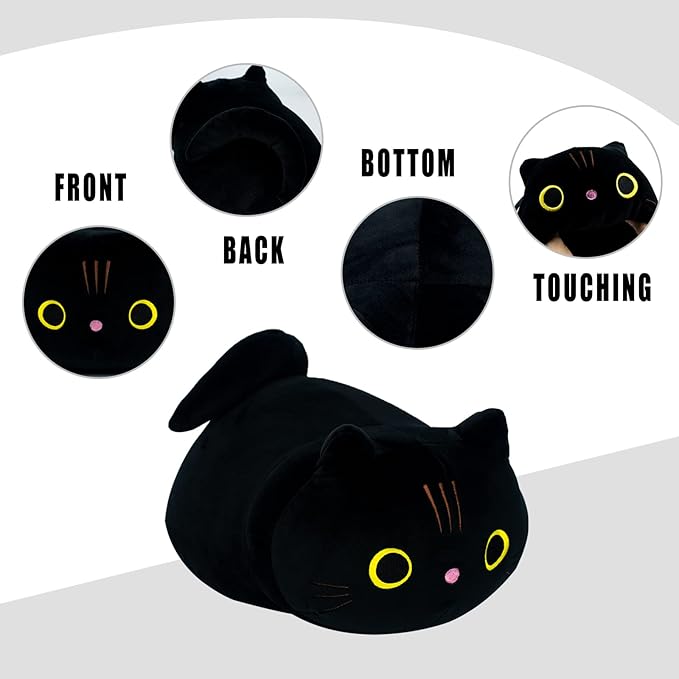Black Cat Plush Pillow, Cat Stuffed Animal Plushies Lumbar Back Cushion, Cute Round Eyes Kitten Plush Doll Toy for Kids Home Decor Gift Boys Girls Birthday Valentines Christmas (13.8inch)