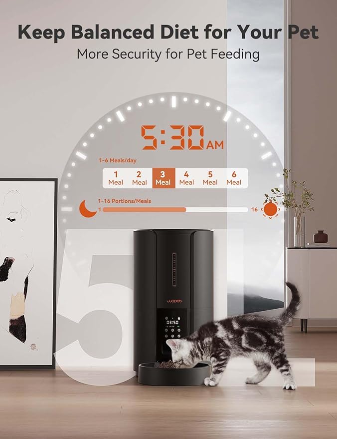 WOPET Automatic Cat Feeder,5L Automatic Cat Dry Food Dispenser,Timed Cat Feeder 6 Meals Daily with Portion Control,10s Voice Recording with Backup Power