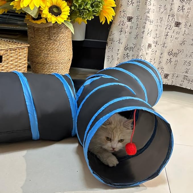 Cat Tunnel Tube Toys, Black Tunnels for Indoor Cats, 3 Way Collapsible Interactive Toy Maze House with Peek Holes Dangling Ball for Rabbit, Kitten, Kitty, Puppy with Wand Toy